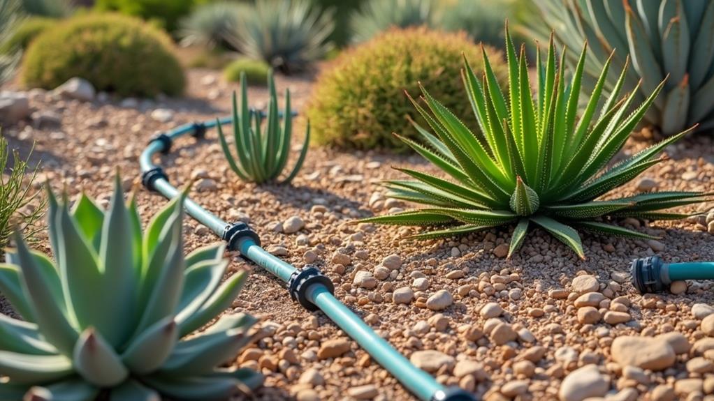 A desert garden with a drip irrigation system watering succulents.
