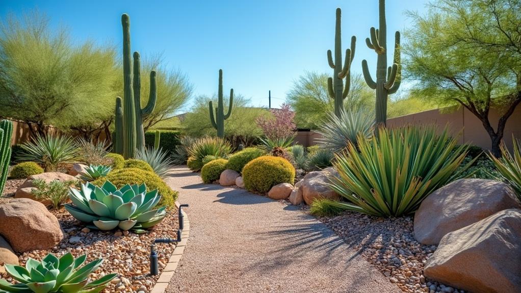 A desert-inspired landscape with a stone patio, cactus garden, and a custom irrigation system.
