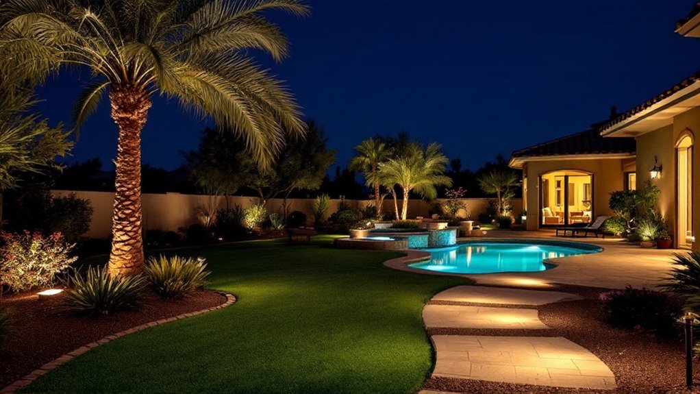 A beautifully lit backyard at night, highlighting the benefits of professional outdoor lighting.