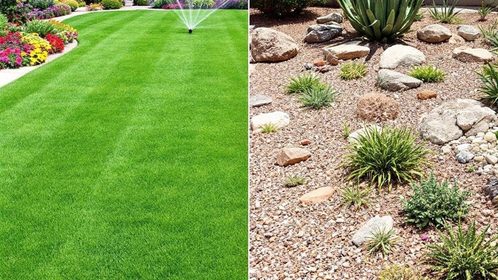 A side-by-side comparison of a traditional lawn and a xeriscape landscape with drought-tolerant plants and rocks.