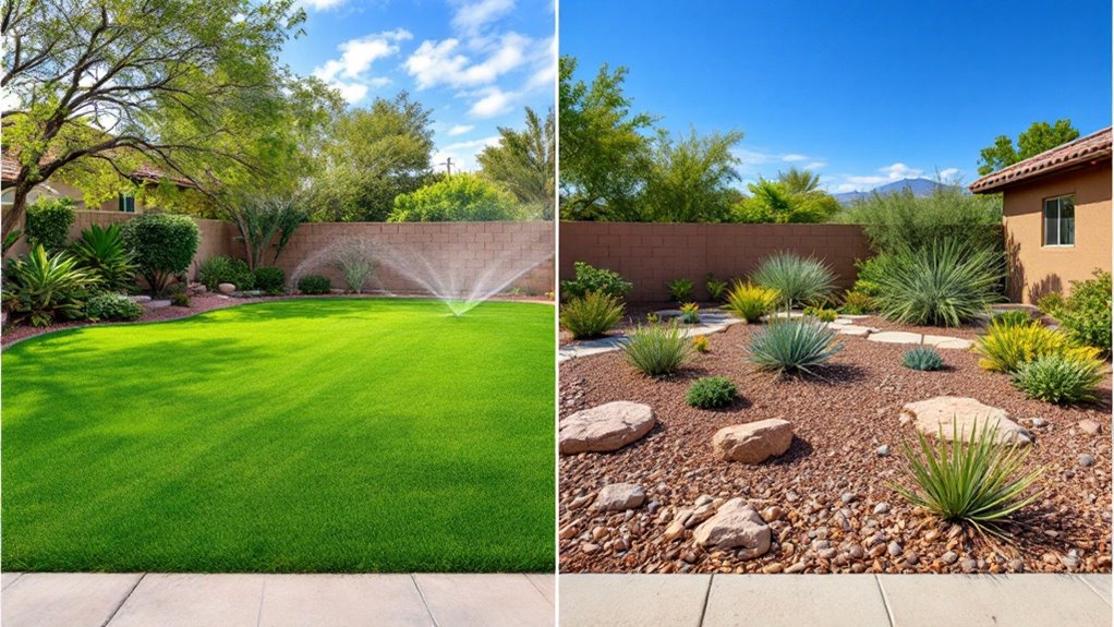 A side-by-side comparison of a traditional lawn with a sprinkler system and a xeriscape landscape with drought-tolerant plants and rocks.