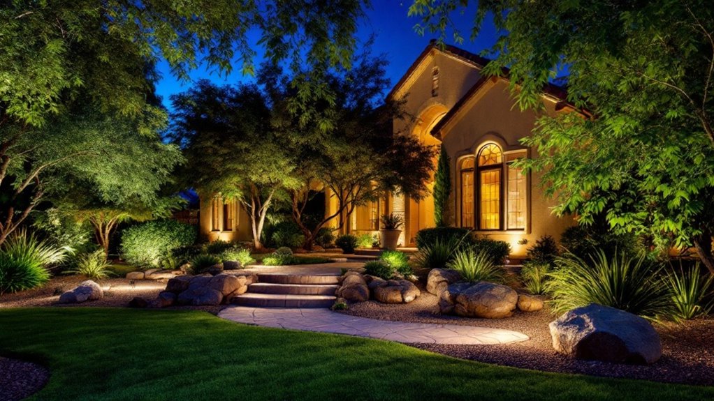 A beautifully lit front yard at night, highlighting the benefits of professional outdoor lighting. 