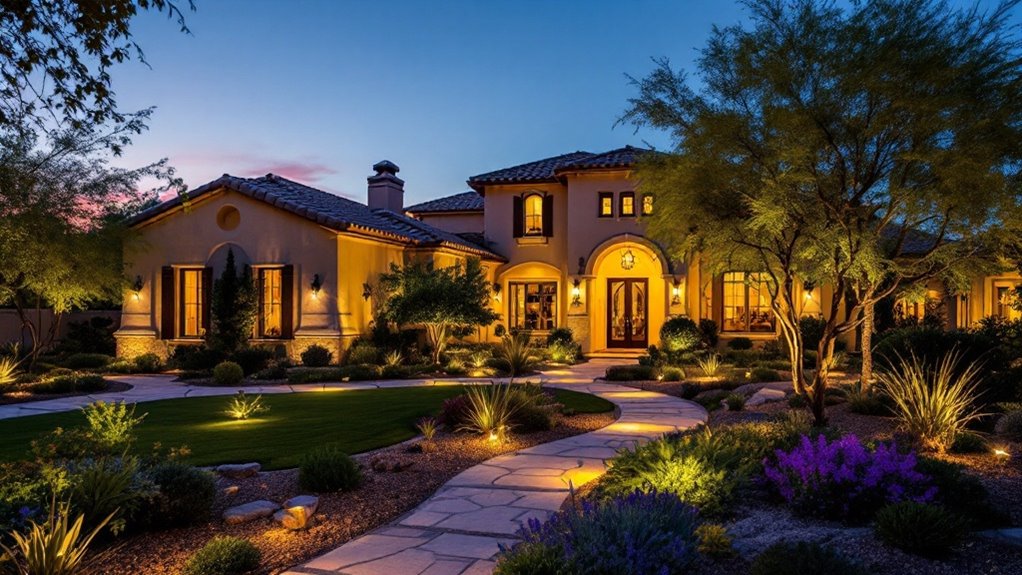 A beautifully lit Mediterranean-style house at night, showcasing the transformative power of professional outdoor lighting.