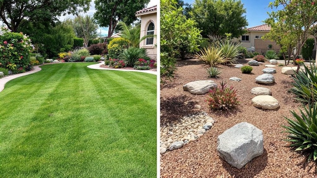 A side-by-side comparison of a traditional lawn and a xeriscape landscape with drought-tolerant plants and rocks.